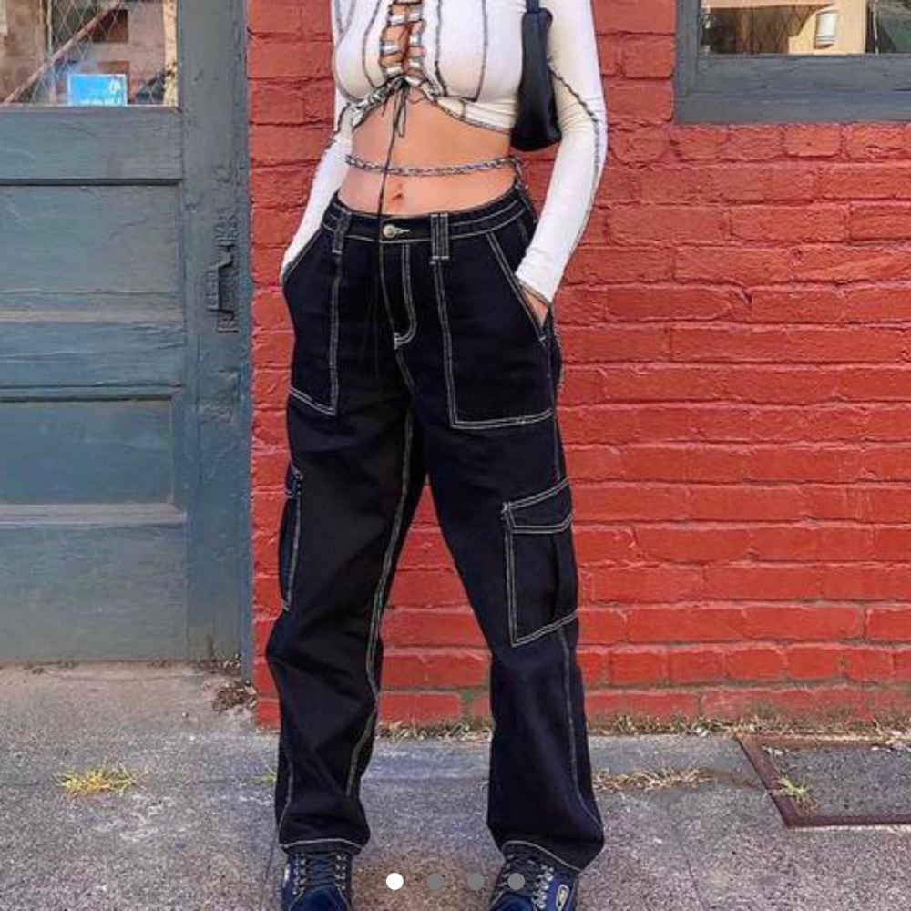 Fashion Nova Black Cargo Pants with White Seams